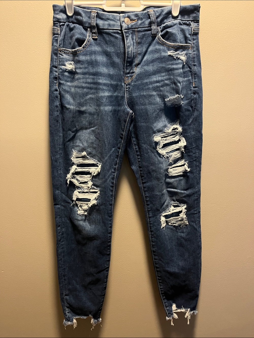 American Eagle Ripped Dark Wash Distressed Jeans - Dark Blue - Curvy Hi-Rise